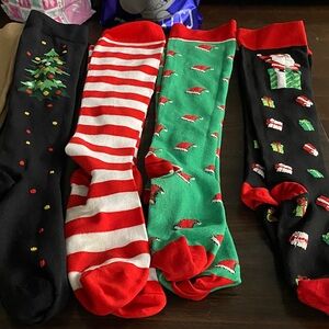 Festive Holiday Compression Socks Set - of 7 Black, Red, Green, tan
